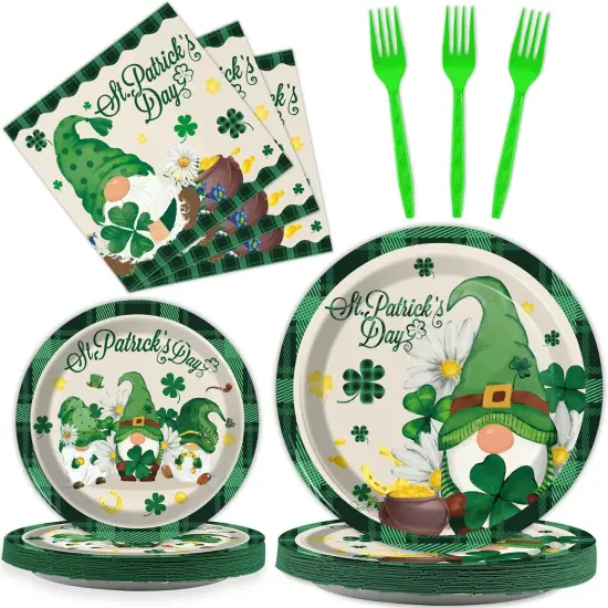 96 Pcs St. Patrick&rsquo;s Day Plates and Napkins Green Shamrock Gnome Lucky Tableware Set Irish Festival Party Supplies Table Decorations for 24 Guests {1}