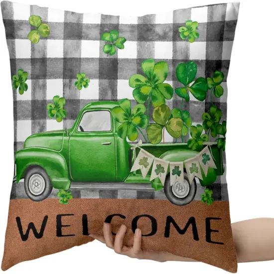 St Patricks Day Pillow Covers 18x18 Set of 2 Green Lucky Truck Filled with Shamrock Decorative Pillow Covers Buffalo Plaid Truck {3}