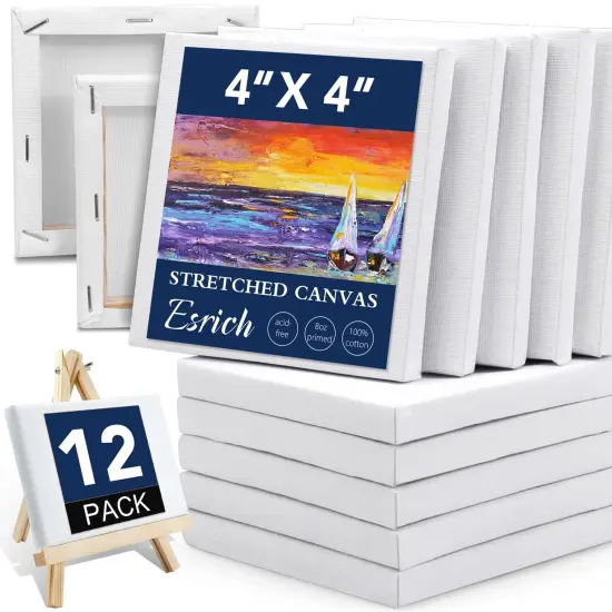 Mini Stretched Canvas 12 Pack 4x4inch, 2/5''Profile Art Primed Canvases for Painting, 100% Cotton Small Professional Stretched Canvas for Kids and Art Supplies,for Acrylics,Oils&Other Painting. {1}
