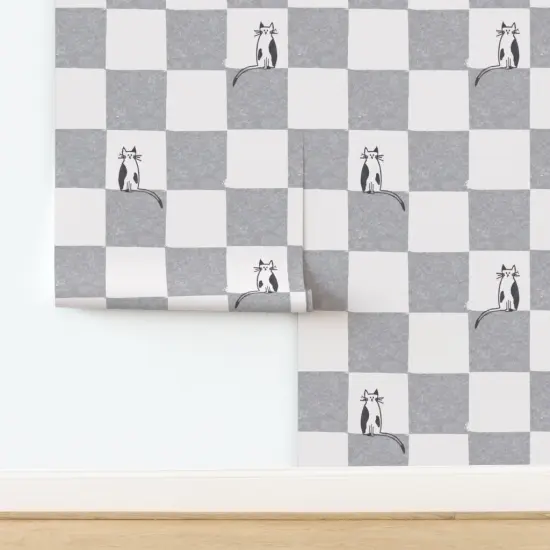 Peel & Stick Wallpaper 2FT Wide Checkered Cat Whimsical Kitty Weathered Gray Eggshell Fun Cute Happy Cheerful Modern Neutral Custom Removable Wallpaper by Spoonflower 17645640 {2}