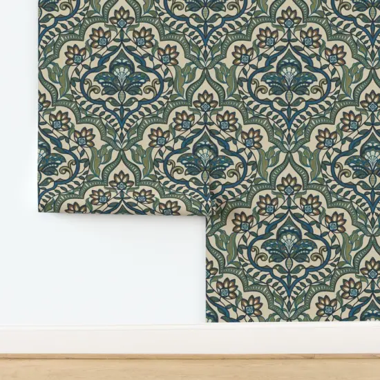Pre-Pasted Wallpaper 2FT Wide Damask Millefleur Blue Green French Farmhouse Provincial Classic Custom Pre-pasted Wallpaper by Spoonflower {2}