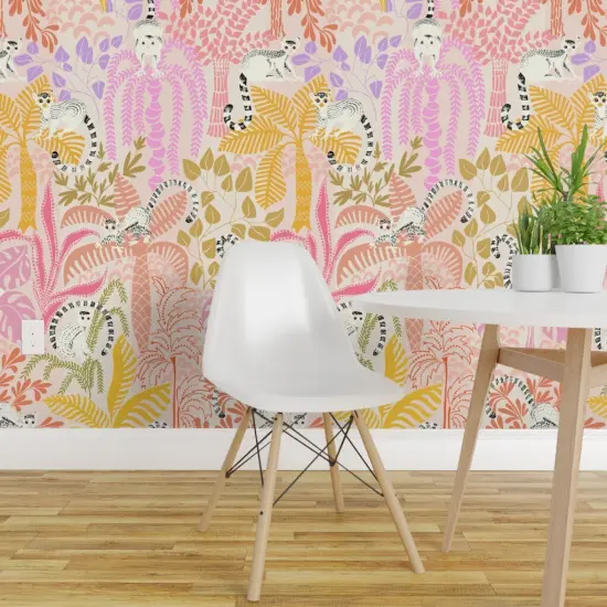 Peel & Stick Wallpaper 2FT Wide Whimsical Jungle Safari Zoo Animals Lemur Monkey Adventure Colorful Tropical Plants Palm Tree Monstera Leaves Rainforest Ring Tailed Custom Removable Wallpaper by Spoonflower {1}