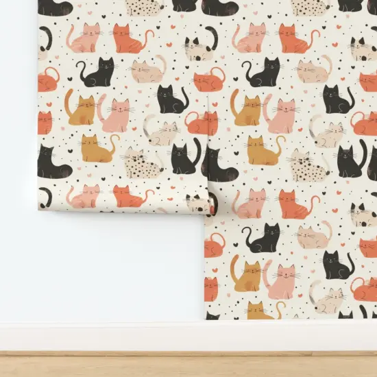 Peel & Stick Wallpaper 2FT Wide Playful Cats Colorful Kitties Feline Fun Pet Lovers Neutral Cream Beige Coral Pink Whimsical Pets Custom Removable Wallpaper by Spoonflower {2}