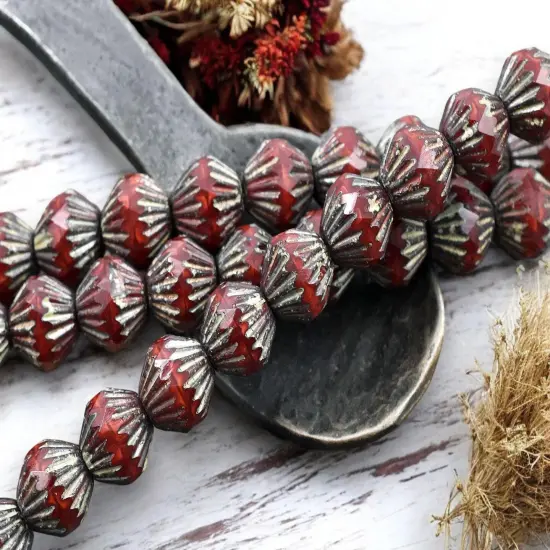*10* 10mm Red Silk Picasso Fluted Bicone Beads {3}