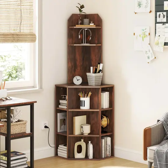 Costway 6-Tier Corner Shelf 63" Tall Corner Bookshelf with 2 USB Ports & Charging Station Brown/White {9}