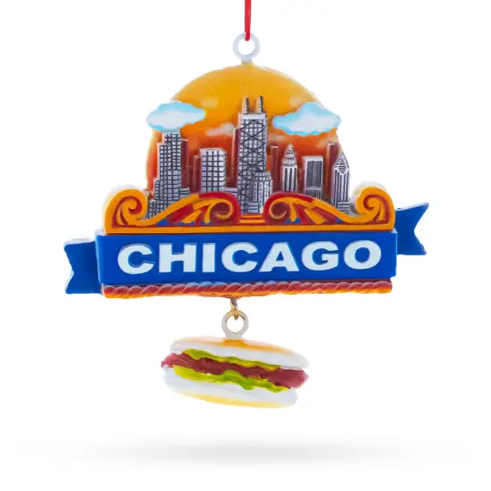 Chicago Skyline with Hot Dog Resin Christmas Ornament {1}