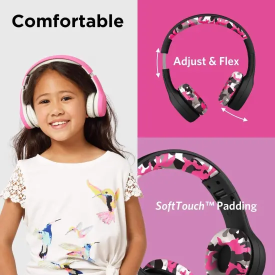 LilGadgets Connect+ Style On-Ear Kids Headphones with Microphone - SharePort Technology, SoftTouch Padding, Detachable Cable, Noise Reduction, Durable & Adjustable - Pink Camo Multicolor {2}