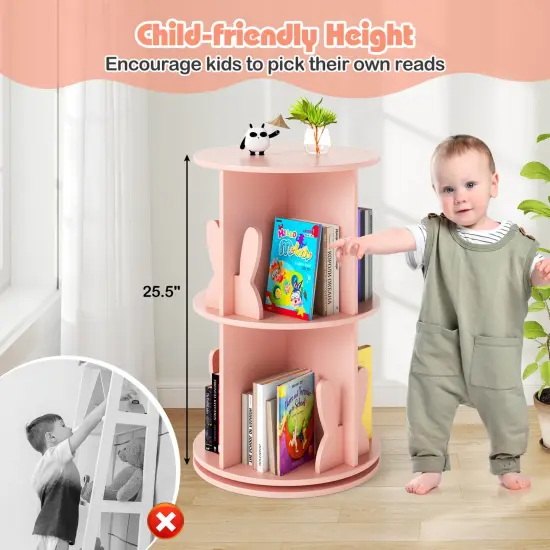 Costway Kids Rotating Bookshelf 2 Tier Freestanding 360&deg; Revolving Display Storage Rack White/Pink {6}