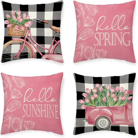 Hello Spring Pillow Covers Flowers Pink Tulip Bicycle Truck Pillowcases Spring Farmhouse Decorations, 18 x 18 Inch Cushion Case for Sofa Couch Set of 4 {1}
