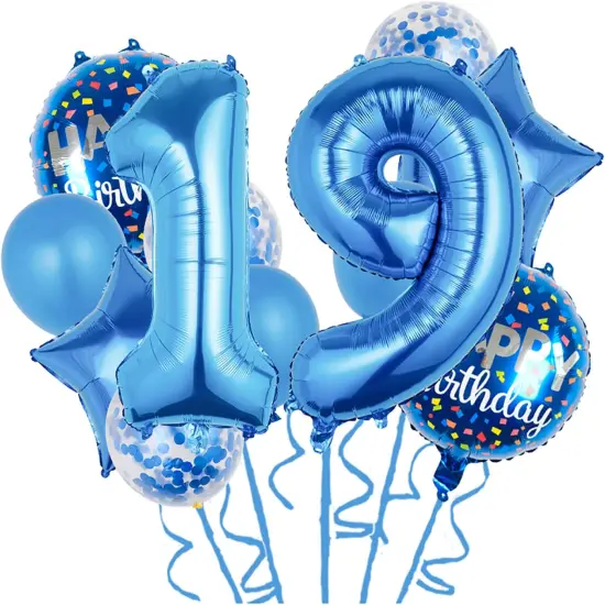 11 pcs Foil Balloons 19 Year Old for 19th Birthday Party Supplies Decoration (19th, Blue) {1}
