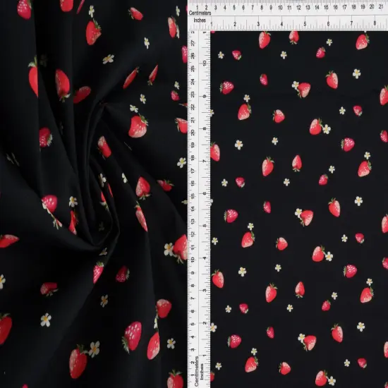 1 Yard Stretch Poplin Strawberry Print Fabric, 57/58&Prime; Wide Cotton Spandex Blend BLACK {1}