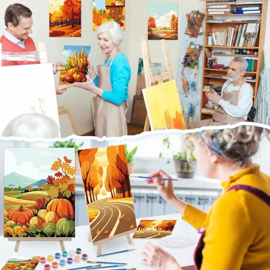 16 Set Pre-Drawn Canvas Painting Kit &ndash; 8x10 Inch with Easels & Brushes (Fall) {5}