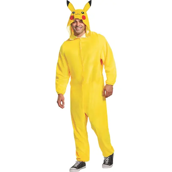 Adult Pikachu Costume Yellow Jumpsuit Character Hood and Lightning Tail {1}