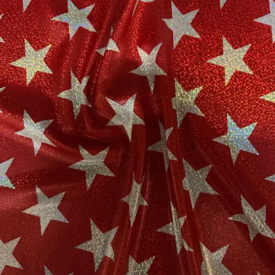 1 Yard Red Patriotic Designs Hologram Foil Polyester Spandex Fabric 56/57 Inch Width {1}