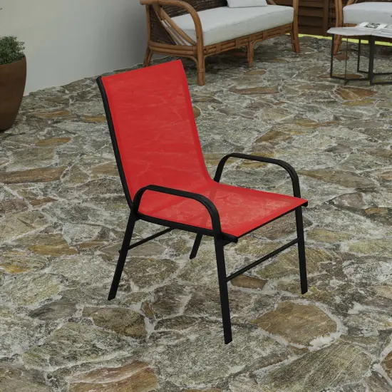 Merrick Lane Set of 4 Manado Series Metal Stacking Patio Chairs with Flex Comfort Material Red {3}