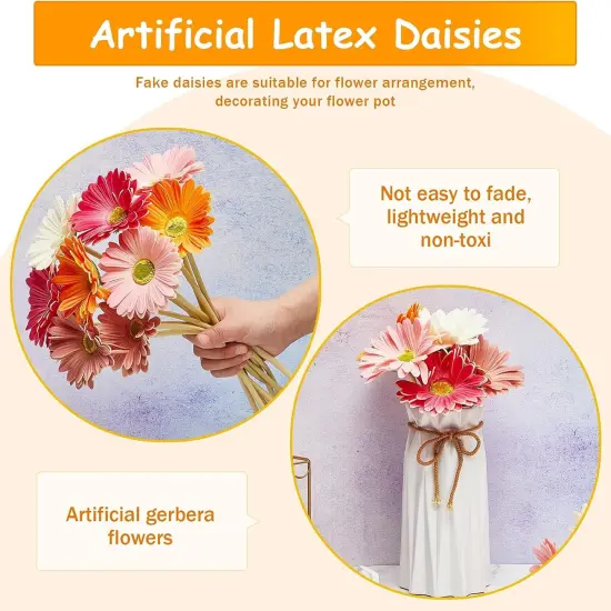 24 Pieces Artificial Gerbera Daisies Flowers Fake Daisy Faux Flowers Bouquet 15 Inch for Wedding Bridal Bouquet Party Home Kitchen Decor (White,Pink,Yellow,Orange,Rose,Coral) {3}
