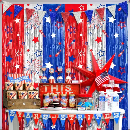 4th of July Party Decorations Red White Blue Foil Fringe Curtains, 2 Pack 3.3 x 6.6 FT Star Firework Patriotic Decor Fourth of July Photo Backdrop Streamers for Memorial Day Independence Day Labor Day {1}
