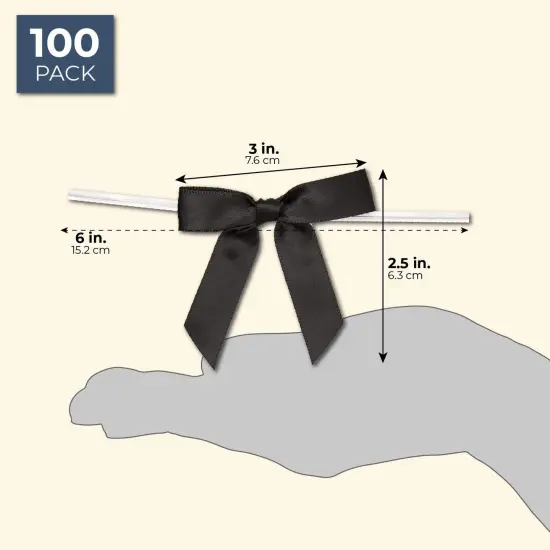 100-Pack Twist Tie Bows - Black 3" Satin Ribbon Small Bows For Gift Wrapping Treats Party Favors Craft Decoration {4}