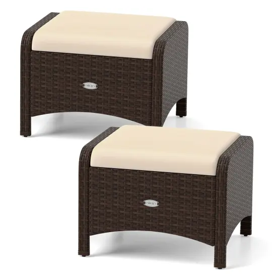 2 Pieces Patio PE Wicker Ottomans with Removable Cushions and Metal Frame Beige {8}