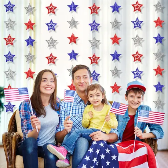 8 Pack Patriotic Star Banner Garland - Glitter Red White Blue Hanging String Garlands for 4th of July, Memorial Day, Independence Day, Veterans Day Party, Holiday Decorations, Labor Day, Party Decor {4}