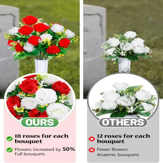 2 Sets Cemetery Vases with Artificial Flowers for Grave - Total 36 Vibrant Red & White Roses Bouquet, Memorial Day Flower Holders Kits with Fixing Foam for Headstones Decoration {5}