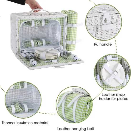 Wicker Picnic Basket for 4 with Waterproof Picnic Blanket and Insulated Cooler, Willow Hamper for Camping {3}