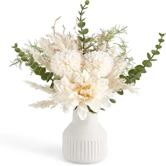 Small Artificial Flowers in Ceramic Vase 13.5" Centerpieces Coffee Table Decor, Silk Flower Arrangements for Home Decor Indoor Fake Flower Bouquet for Dining Room Kitchen Wedding, White {1}