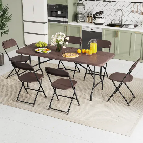 6 Feet Wood Grain HDPE Folding Table with Safety Lock and Metal Legs Perfect for Outdoor Use Brown {6}