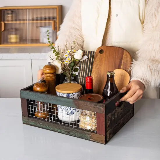 Set of 3 Rustic Wood Nesting Crates, Farmhouse Distressed Wooden Storage Boxes, Decorative Reclaimed Wood Organizer Baskets with Wire Mesh {3}