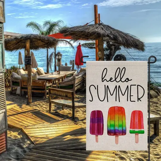 Hello Summer Ice Cream Garden Flag Burlap 12x18 Inch Double Sided, Seasonal Sign Outdoor Decor Yard Small Flags DF269 {2}
