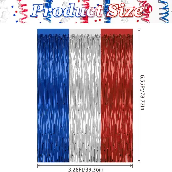 2 Pack 4th of July Party Supplies,3.28 Ft x 6.56 Ft 4th of July Tinsel Backdrop,Blue Silver Red Color Fringe Curtains Streamer Backdrop,4th of July Photo Backdrop Party Decorations {2}