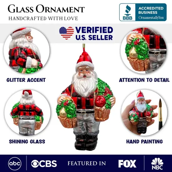 Wholesome Santa the Vegetable Farmer Glass Christmas Ornament, Farm Style Holding Potatoes, Lettuce, and Tomatoes {3}