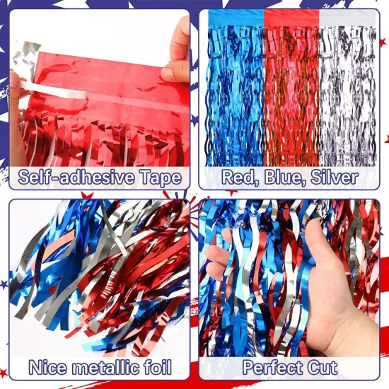 4 Pack 4th of July Decorations, Metallic Foil Fringe Tinsel Table Skirts Patriotic Red White Blue Party Decorations Fourth of July Tablecloth for Independence Memorial Veterans Day {3}