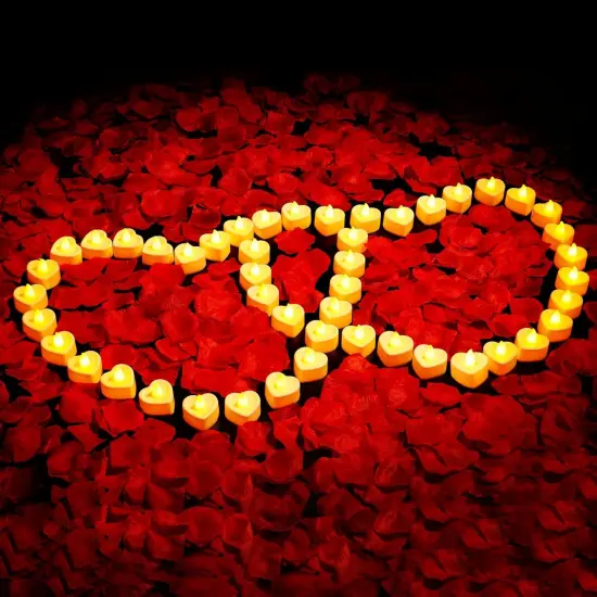 3000 Pcs Artificial Rose Petals with 48 Pcs Heart Flameless Candles Battery LED Tea Lights Candles Set Valentine's Day Wedding Anniversary Decoration {2}