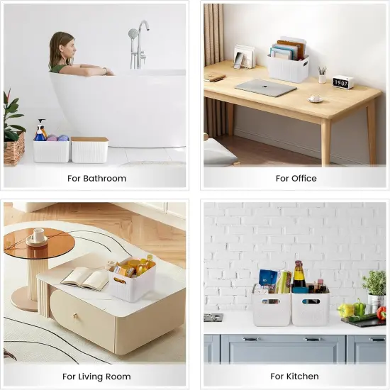 4 Pack Bamboo Lid Storage Bins - Stackable Plastic Containers for Organizing Desktop {5}