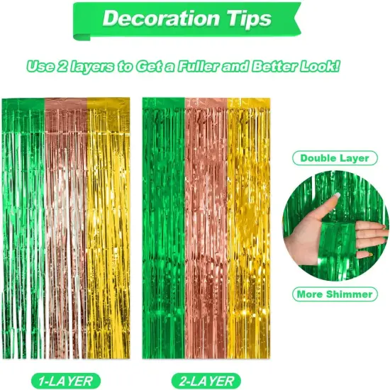 Hawaiian Party Decorations, 2 Packs Foil Fringe Curtains Streamers Green Yellow Rose Gold for Summer Tropical Beach Luau Themed Birthday Baby Shower Party Photo Booth Props Backdrop (3.3ft X 6.6ft) {3}