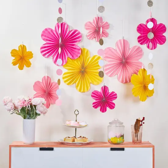 9 PCS Summer Paper Flowers Decorations for Wall Paper Fans Classroom Decoration Paper Floral Backdrop Decor Paper Fans Decoration {3}