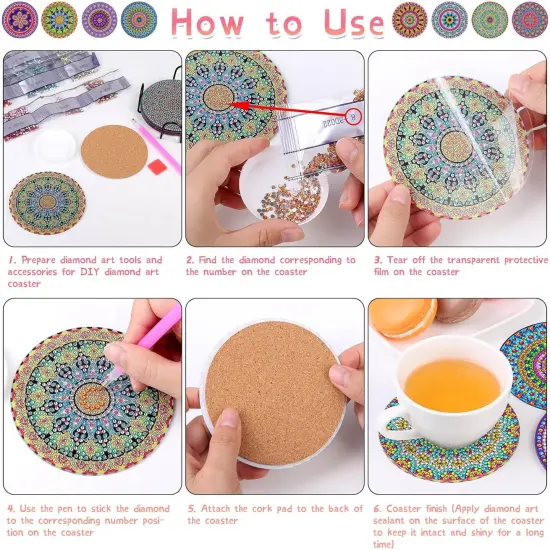 Diamond Art Painting Coasters Kit, 8 Pieces Mandala Diamond Art Coasters with Holder, DIY Diamond Mandala Coasters for Beginners, Kids {4}