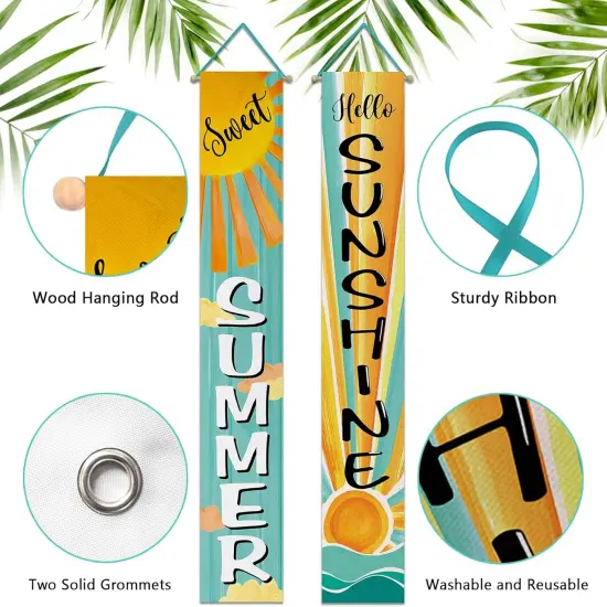Sweet Summer Boho Sun Porch Banner Sign, Hello Sunshine Sunrise Cloud Bohemian Front Door Decorative Hanging Banner Flag, Yellow Teal Seasonal Decoration Home Outdoor Decor {2}