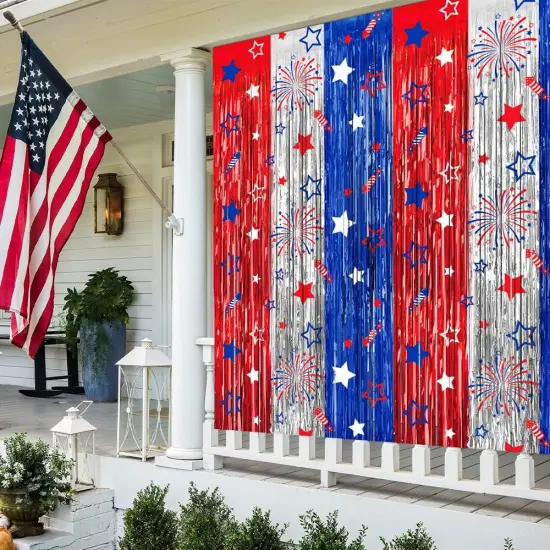 4th of July Party Decorations Red White Blue Foil Fringe Curtains, 2 Pack 3.3 x 6.6 FT Star Firework Patriotic Decor Fourth of July Photo Backdrop Streamers for Memorial Day Independence Day Labor Day {4}