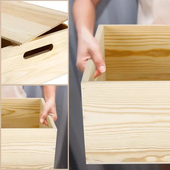 Storage Box 15 x 12 x 7 Inches Pine Wood Decorative Crate Box with Hand Holes and Lid Plain Unpainted Wooden Storage Bins for Home Decor Wine Tool Kitchen Arts Crafts {5}