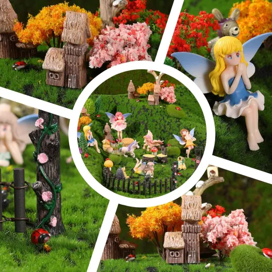 58 Pcs Miniature Garden Set Flower Angel Fairy House Animals Trees Diorama Supplies Fairy Village Mini Terrarium Figurines Micro Landscape Ornaments {2}