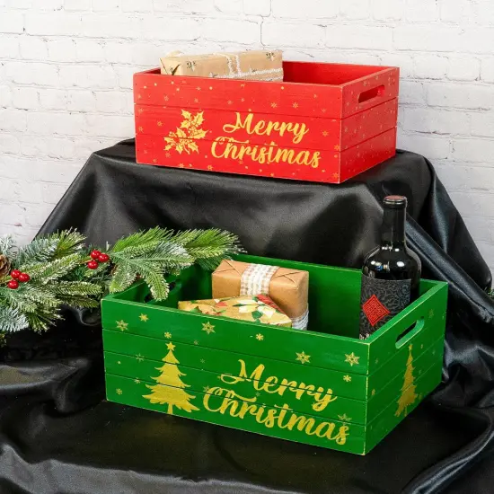 Set of 2 Red and Green Decorative Nesting Wooden Merry Christmas Storage Crate Organizers with Golden Lettering {2}
