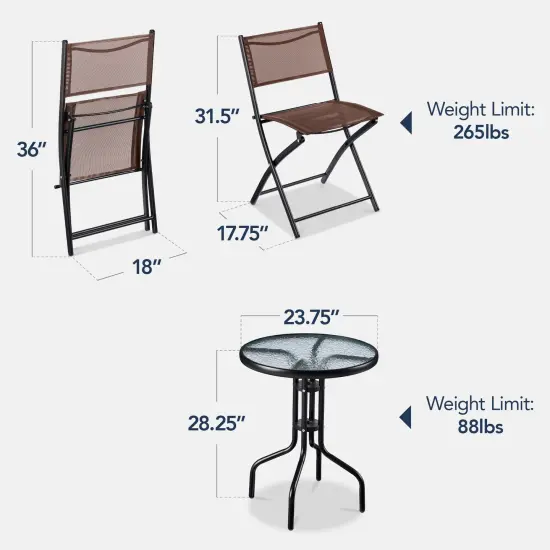 Best Choice Products 3-Piece Patio Bistro Dining Furniture Set w/ Round Textured Glass Tabletop, Folding Chairs Brown {2}