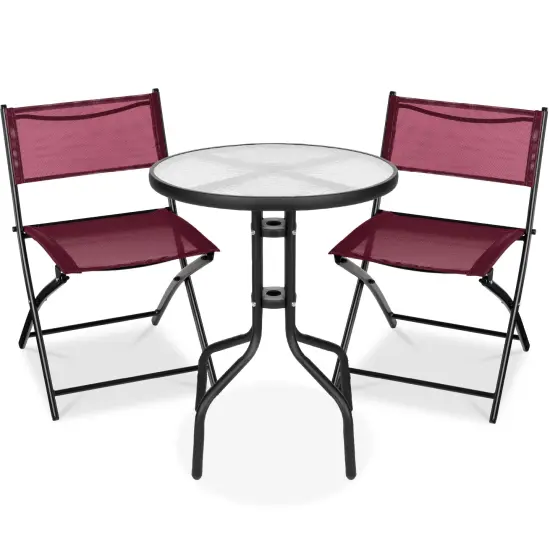 Best Choice Products 3-Piece Patio Bistro Dining Furniture Set w/ Round Textured Glass Tabletop, Folding Chairs Burgundy {1}