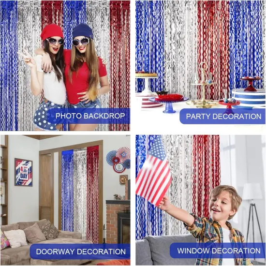4th of July Decorations,Red White and Blue 3 Pack Wave Tinsel Foil Fringe Curtains,Independence Day Photo Booth Prop Streamer Backdrop for America Patriotic Party,Memorial Day,Labor Day {3}
