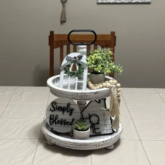 Rustic Farmhouse Tiered Tray Set with Succulent & Plant - Home Decor for Kitchens {4}