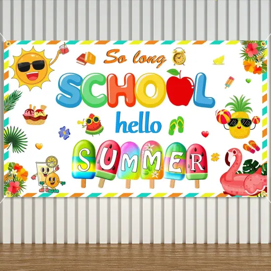 So Long School Hello Summer Backdrop Banner Colorful Sun Popsicle Party Decorations for Summer Vacation End of School Year Graduation Photography Background for Hawaii Pool Party Supplies {5}