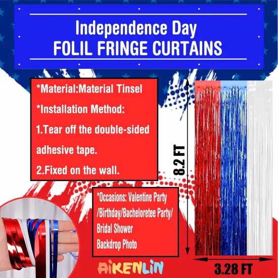 4 Pack 3.2Ft x 8.2Ft Independence Day Foil Fringe Curtain Backdrop, Red Blue White Metallic Tinsel Foil Fringe Streamers Curtains Background for Photo Booth, Birthday, Wedding, Party Decoration {2}