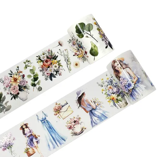 Wrapables Aesthetic Floral Fashion PET Washi Tapes for Scrapbooking, Stationery, Journaling, Diary, Card Making (Set of 2), Blue and Lavender {1}